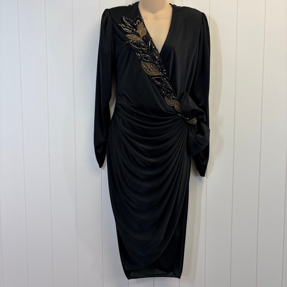 Vintage 80s Beaded Ruched Cocktail Dress Women Size M Party Old Hollywood Glam